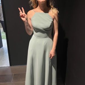 David’s bridal dusty sage green wedding bridesmaids dress formal long low back